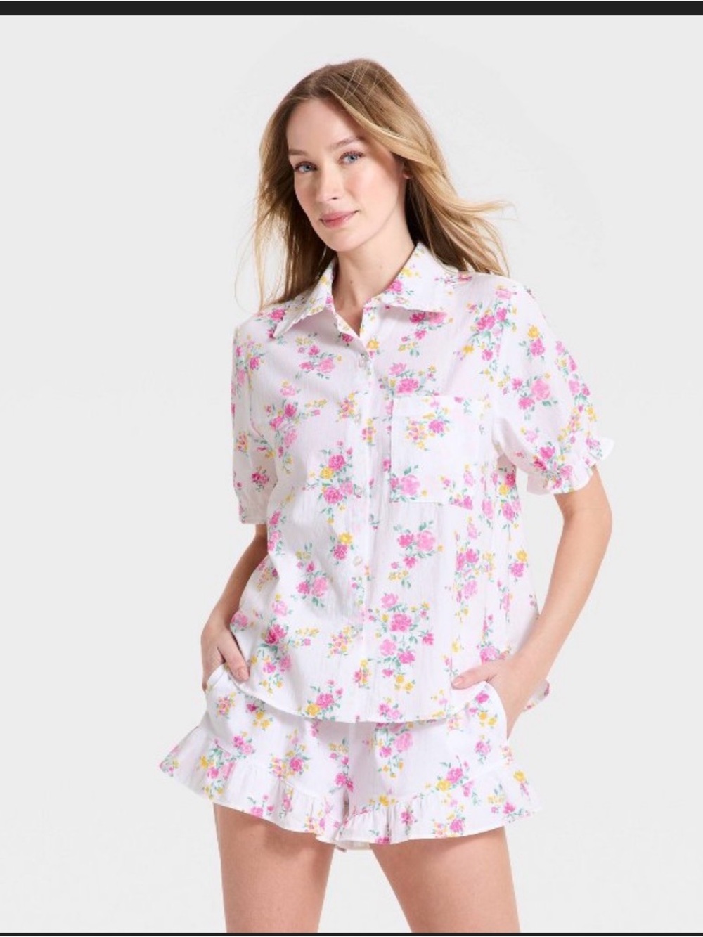 Auden Women's Ruffle Short Sleeve Notch Collar Shirt and Shorts Pajama Set